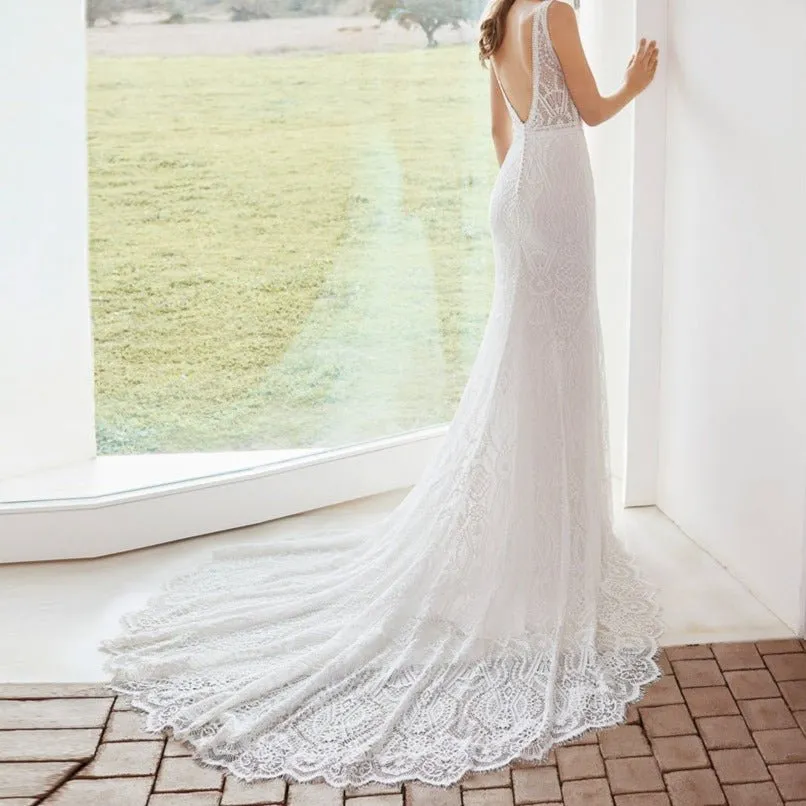 Neck Lace Backless Small Trailing White Wedding Dress