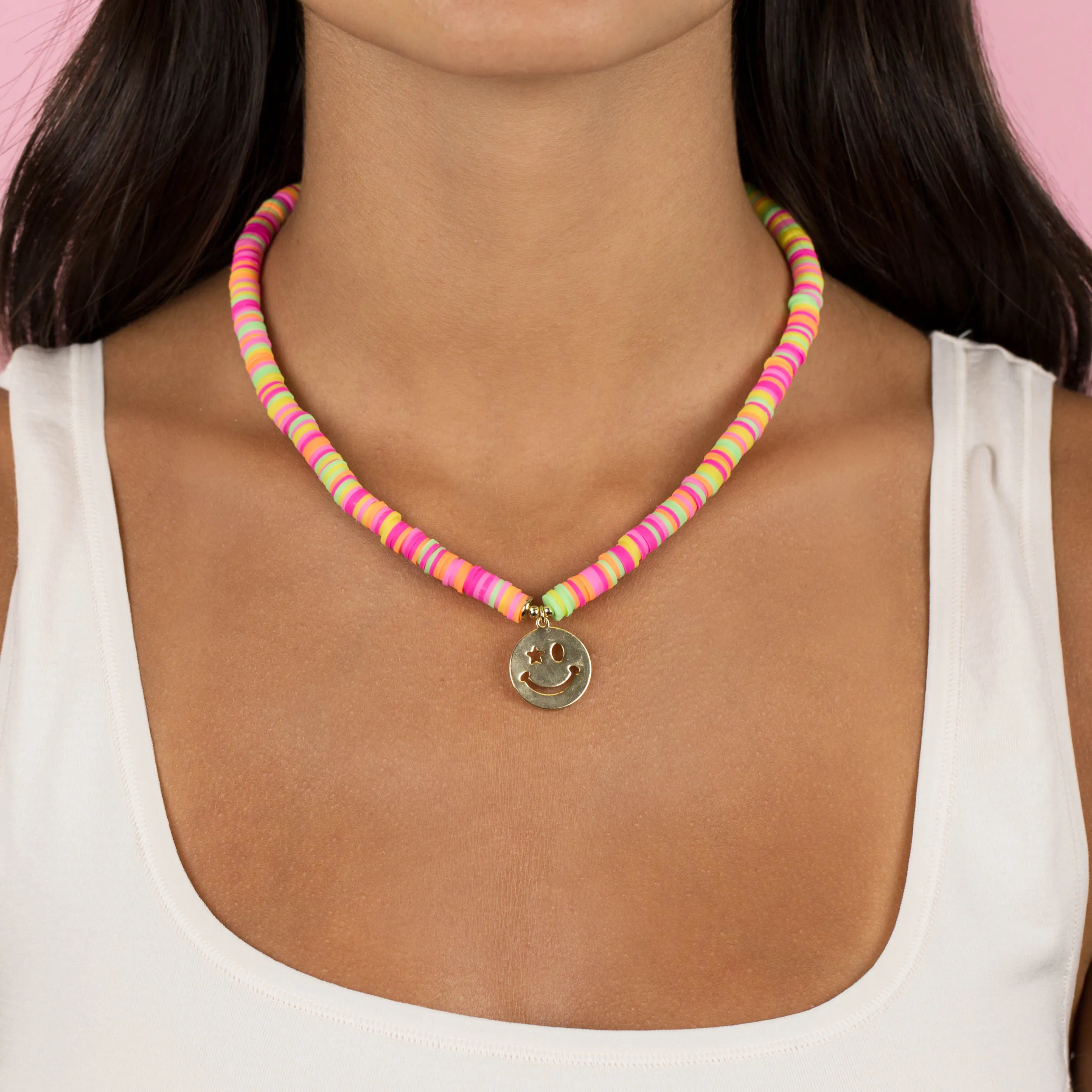 Neon Multi Color Bead Smiley Face Necklace