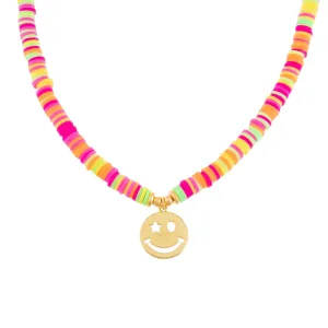Neon Multi Color Bead Smiley Face Necklace