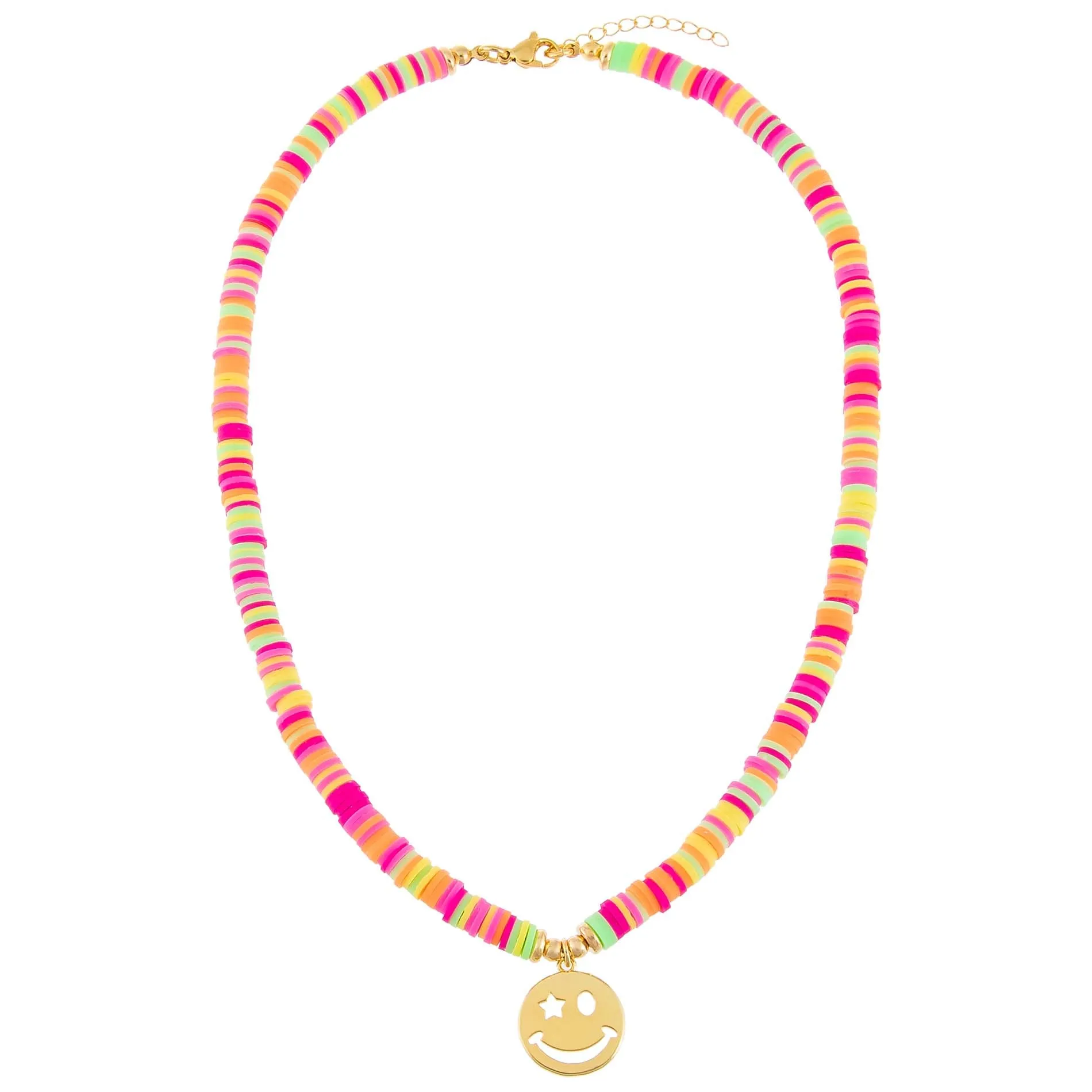 Neon Multi Color Bead Smiley Face Necklace