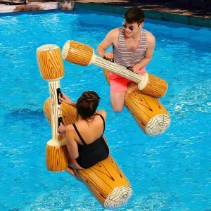 New FUDOSAN Inflatable Pool Floats Raft Collision Toys in Wood Grain for Kids/ Adults, includes 2 sitting logs rafts and 2 walking sticks