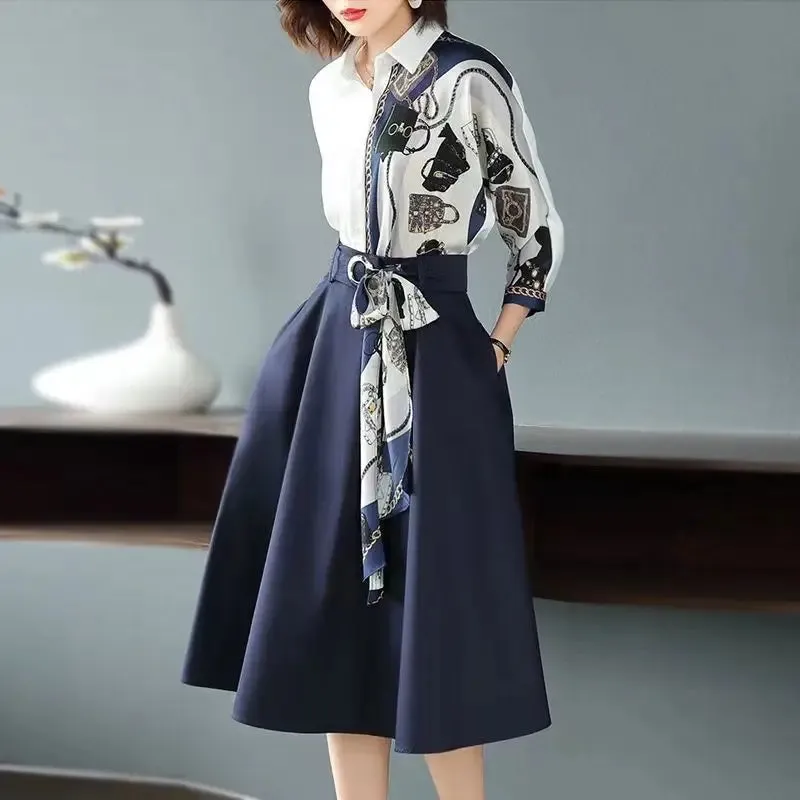 New High-End Shirt Half Skirt & Long Sleeve Two-Piece Set
