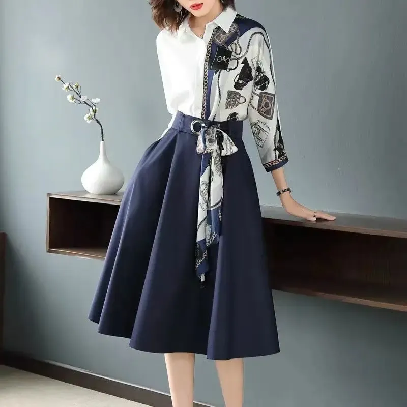 New High-End Shirt Half Skirt & Long Sleeve Two-Piece Set