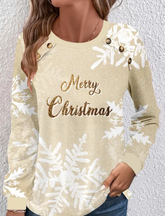 NEW MODLILY® Champagne Button Snowflake Print Christmas Round Neck Sweatshirt, Sz XL, Retails $40