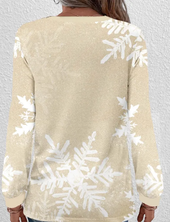 NEW MODLILY® Champagne Button Snowflake Print Christmas Round Neck Sweatshirt, Sz XL, Retails $40