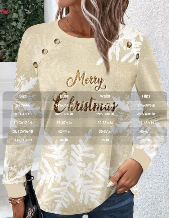 NEW MODLILY® Champagne Button Snowflake Print Christmas Round Neck Sweatshirt, Sz XL, Retails $40