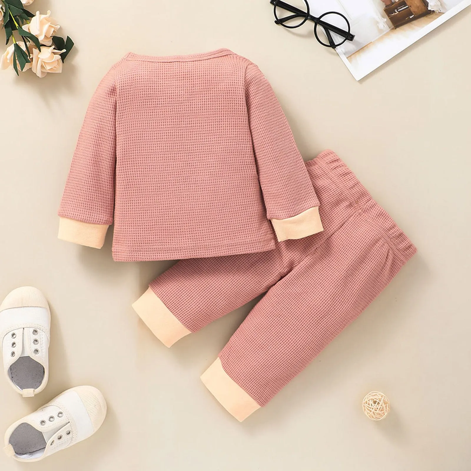 Newborn Unisex Buttoned Patchwork Sweatshirt  Pants Set