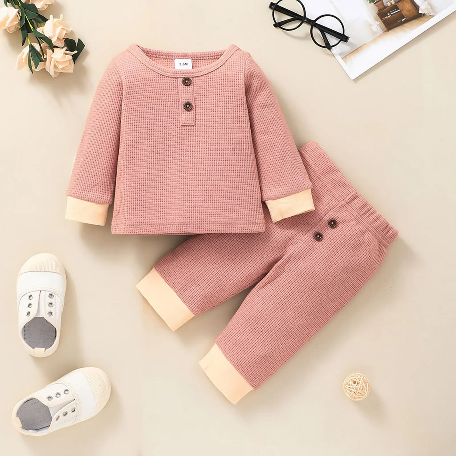 Newborn Unisex Buttoned Patchwork Sweatshirt  Pants Set