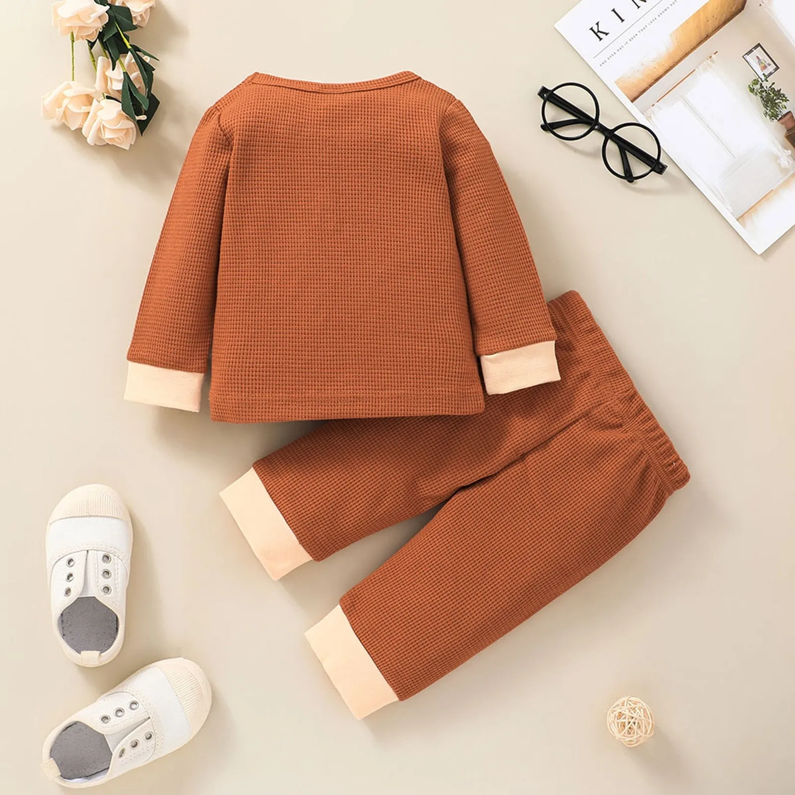 Newborn Unisex Buttoned Patchwork Sweatshirt  Pants Set