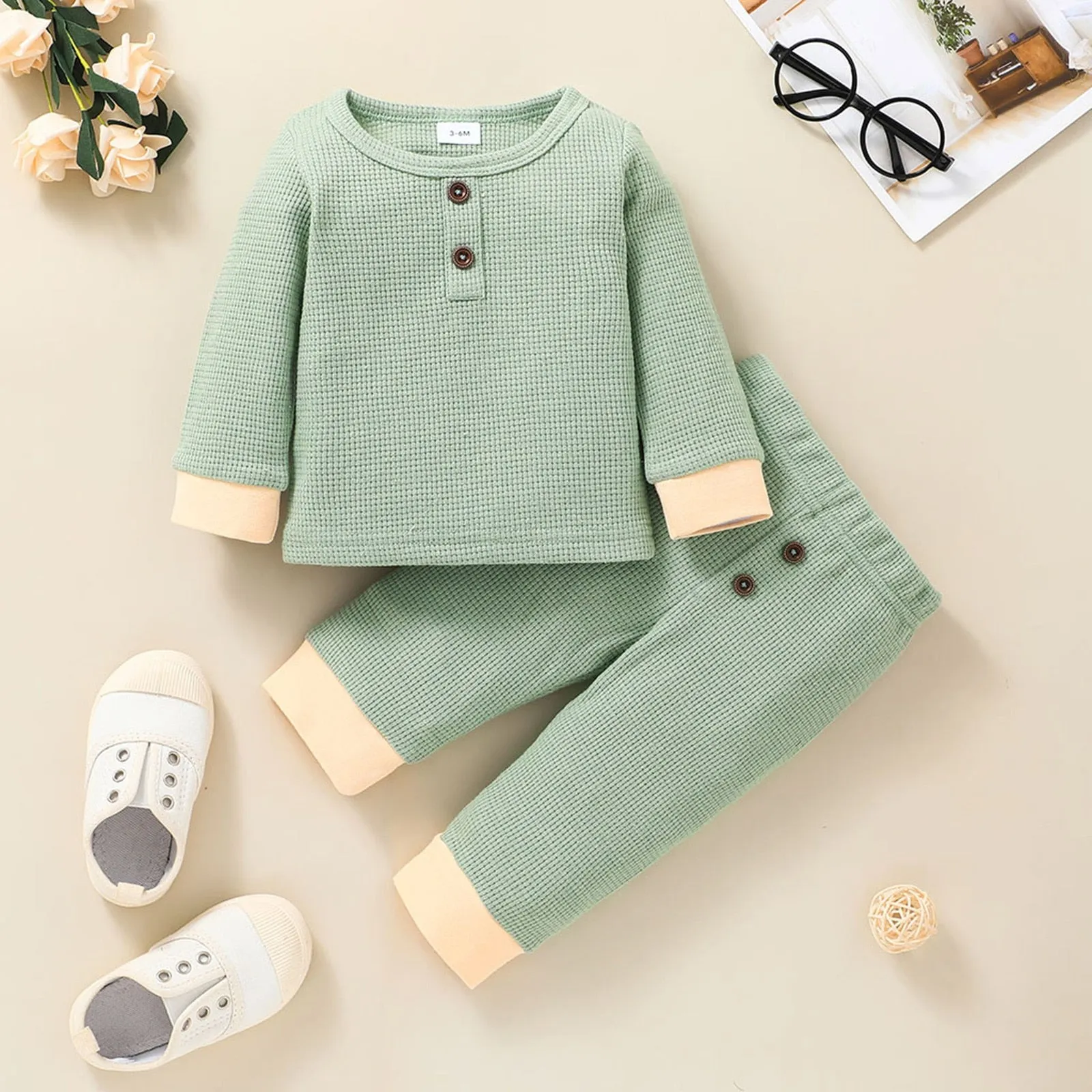 Newborn Unisex Buttoned Patchwork Sweatshirt  Pants Set