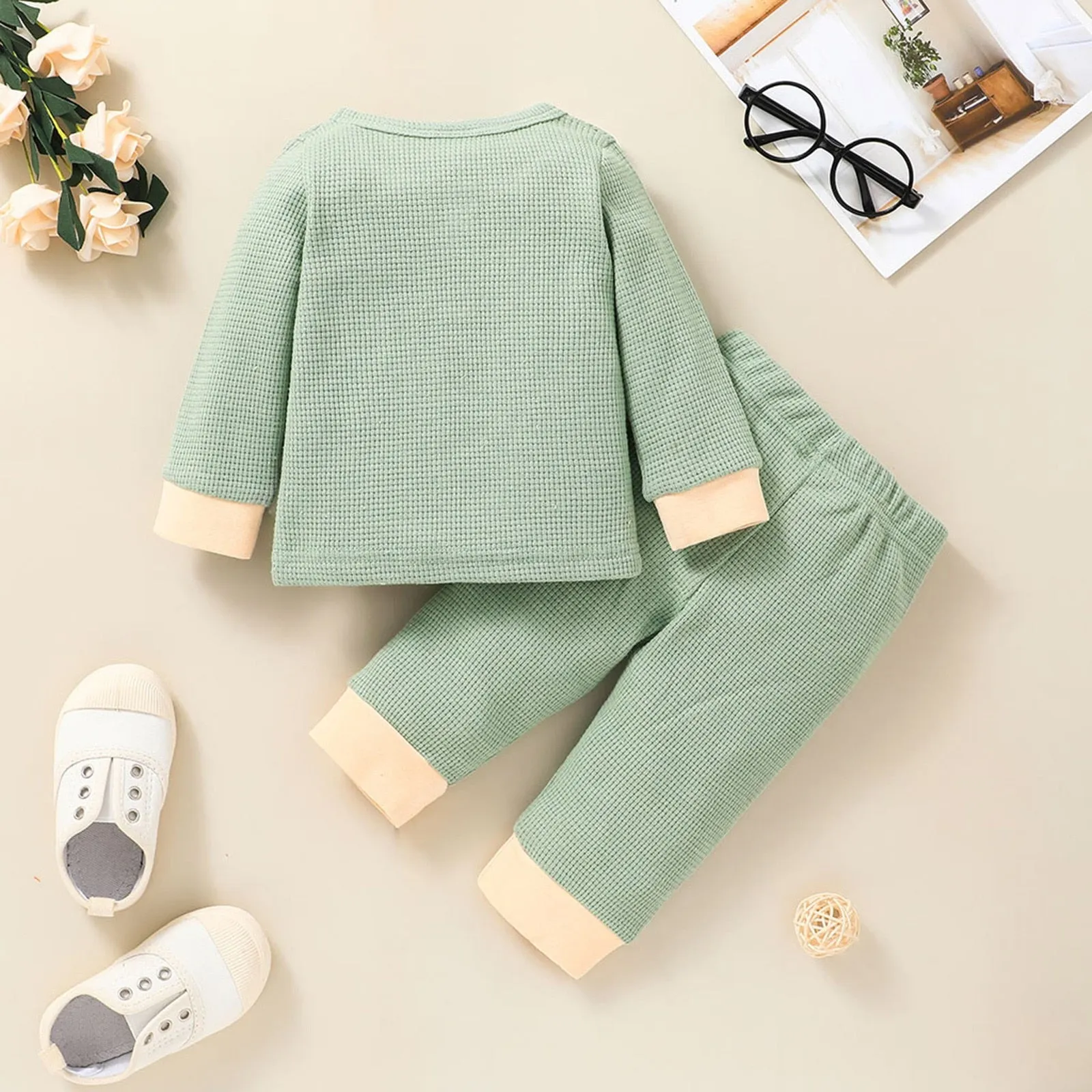 Newborn Unisex Buttoned Patchwork Sweatshirt  Pants Set