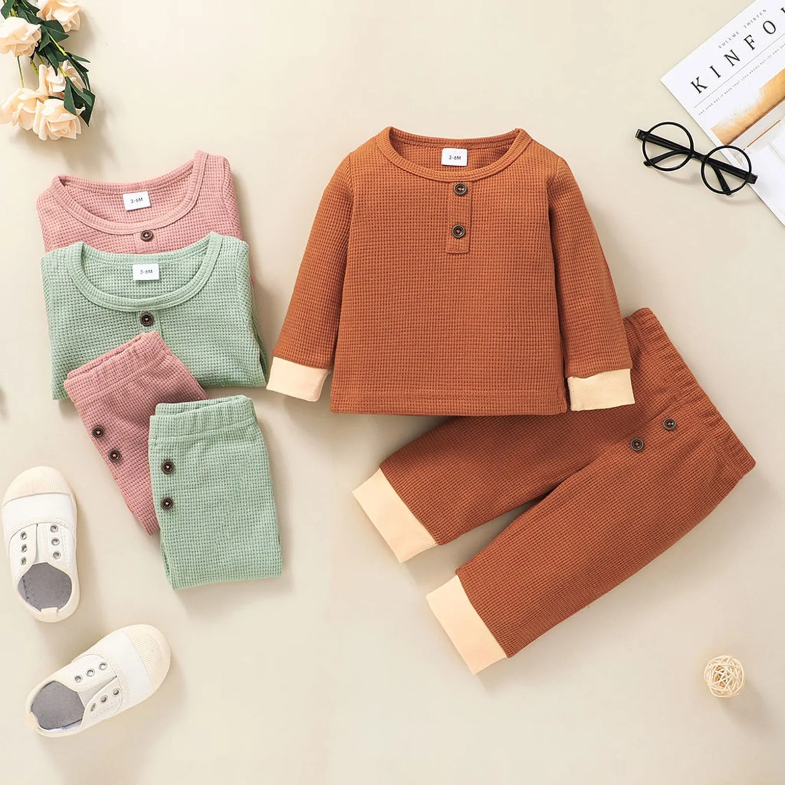 Newborn Unisex Buttoned Patchwork Sweatshirt  Pants Set
