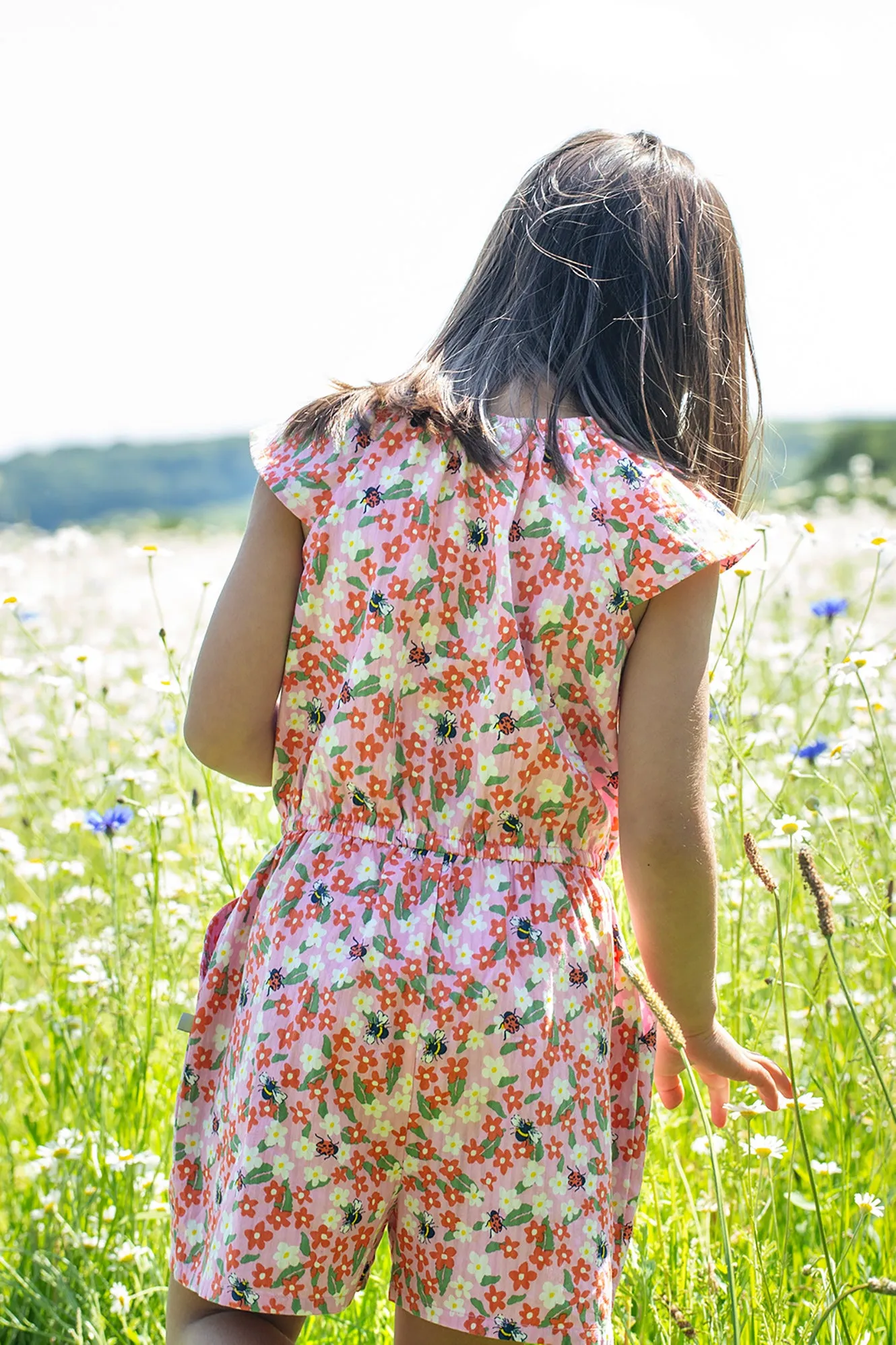 Nyla Playsuit Pink Flowers and Bees Frugi Organic Clothing - Kid's Summer Clothing