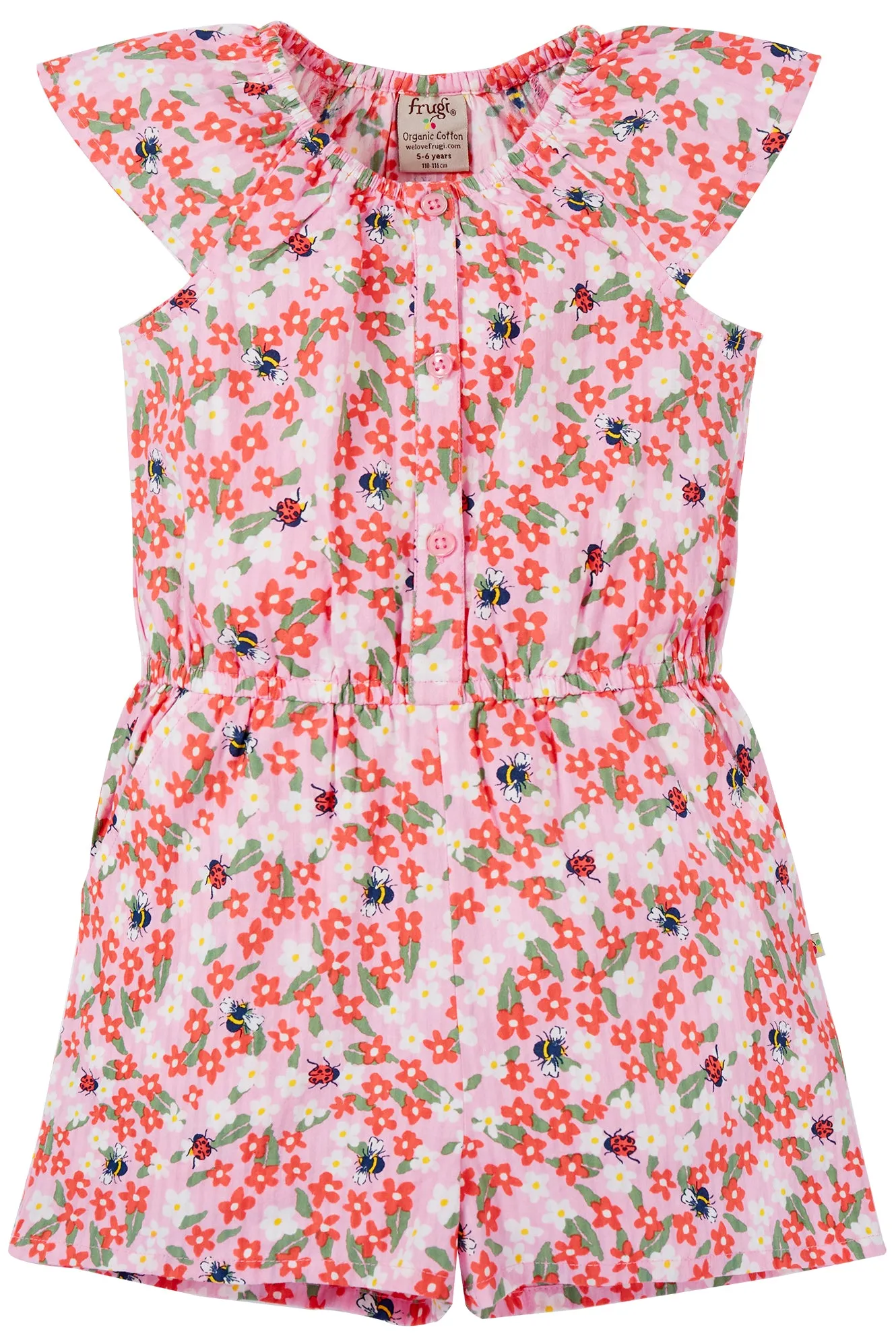 Nyla Playsuit Pink Flowers and Bees Frugi Organic Clothing - Kid's Summer Clothing