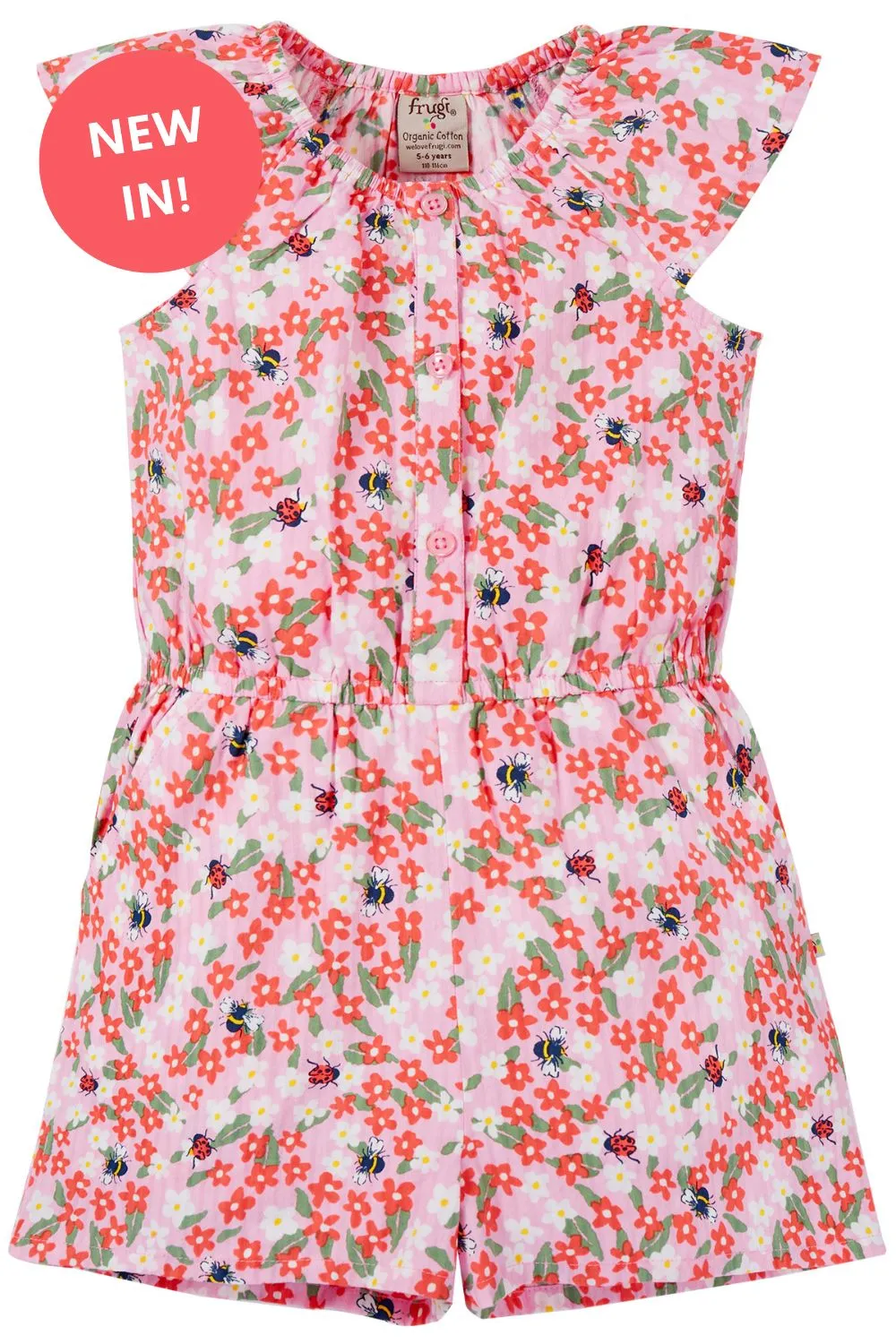 Nyla Playsuit Pink Flowers and Bees Frugi Organic Clothing - Kid's Summer Clothing