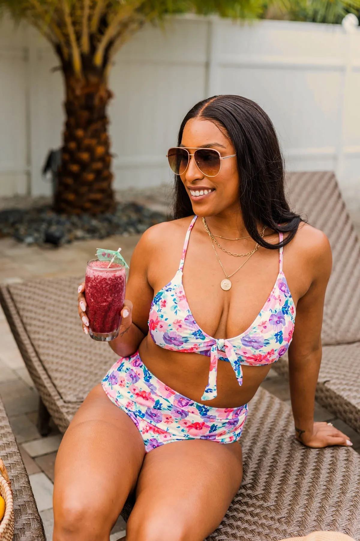 Off To The Ocean Triangle Bikini Top- Pink & Purple Floral