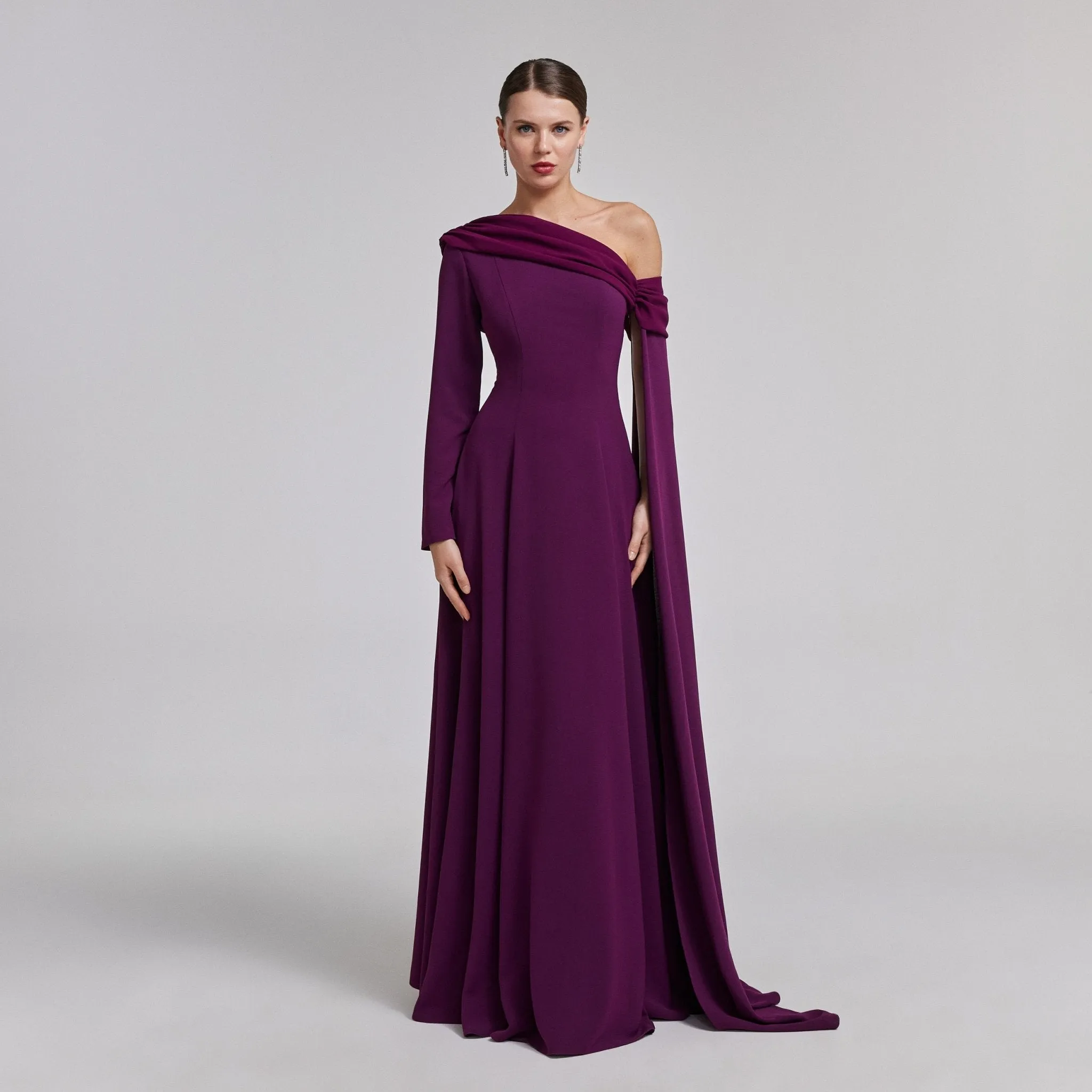 One-Shoulder Draped Crepe Evening Gown