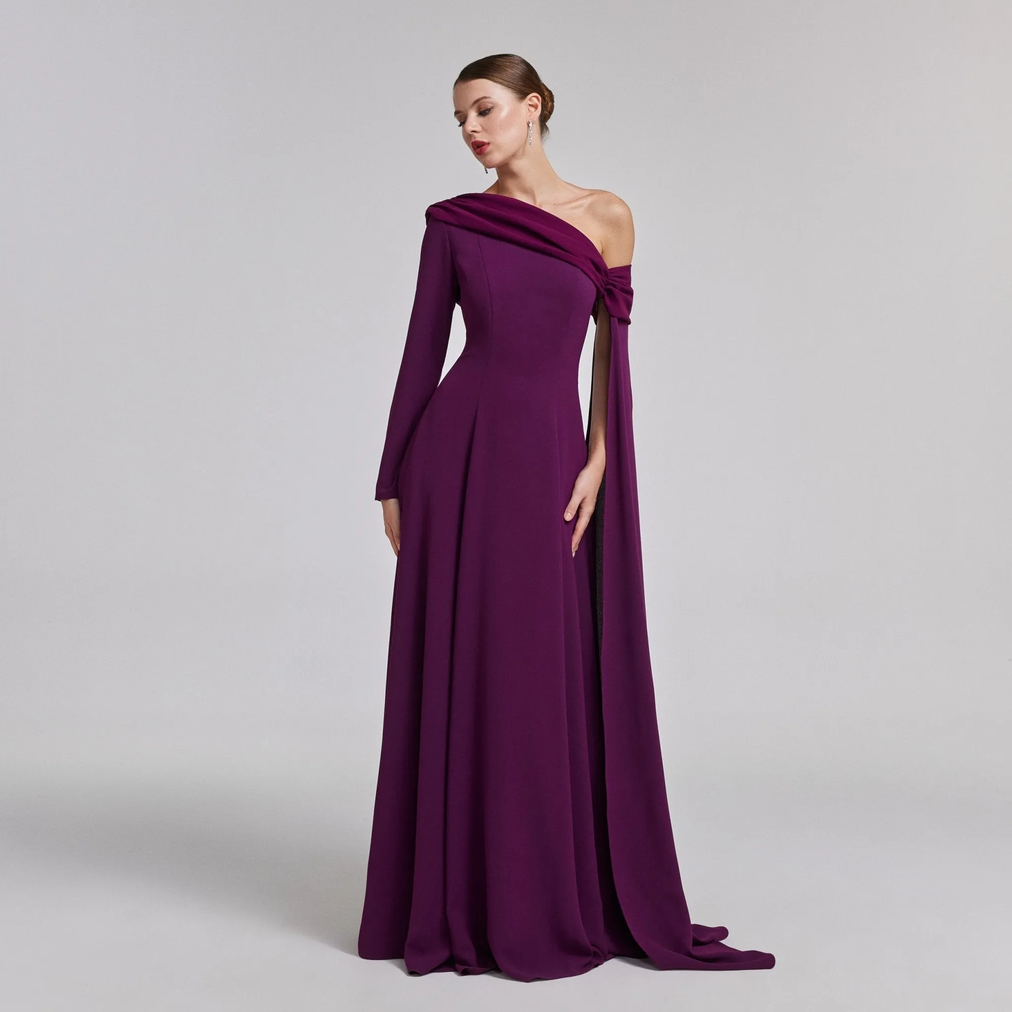 One-Shoulder Draped Crepe Evening Gown