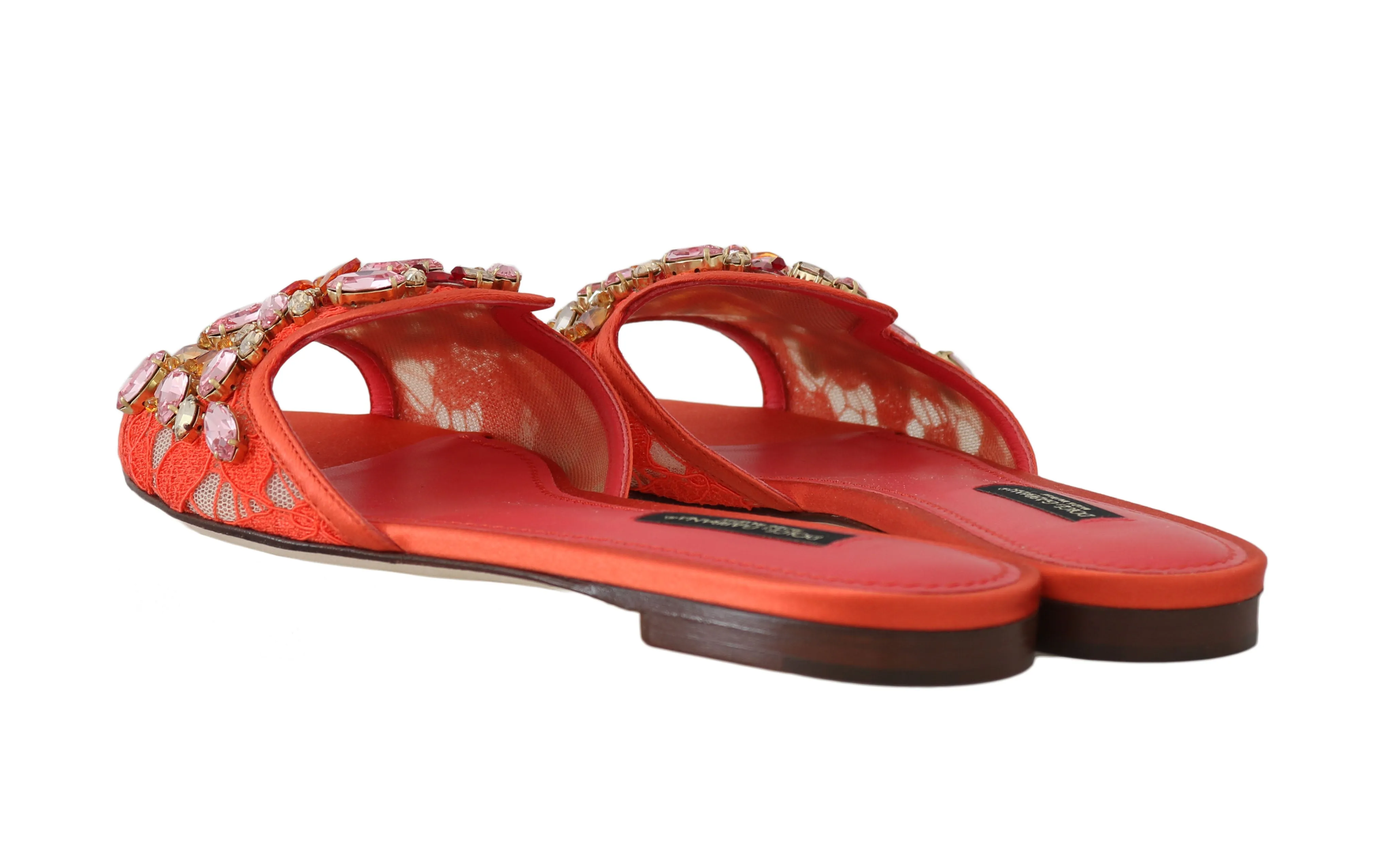 Orange Lace Crystal Flip Flops Flats