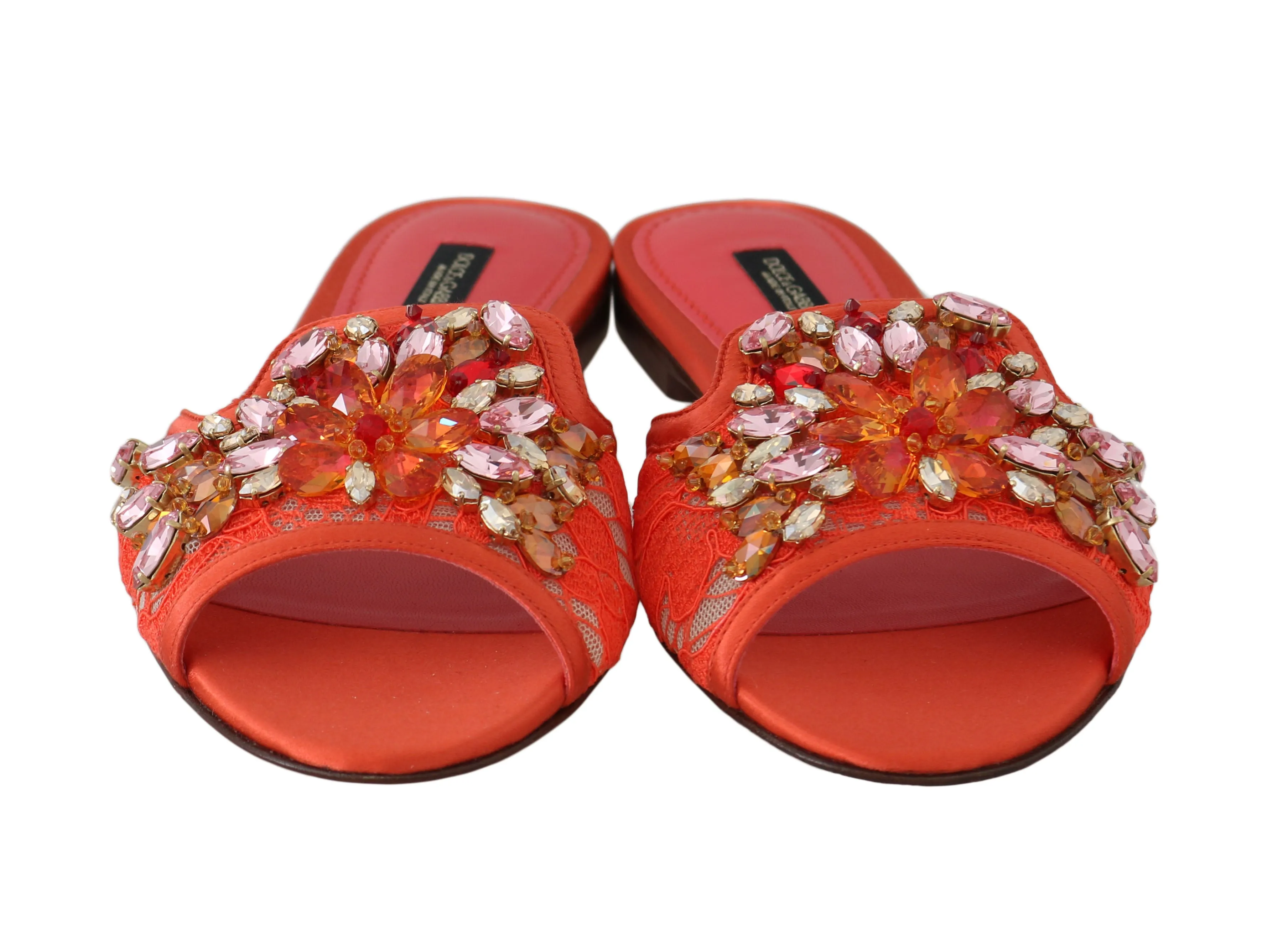 Orange Lace Crystal Flip Flops Flats
