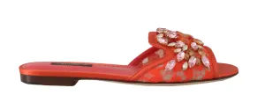 Orange Lace Crystal Flip Flops Flats