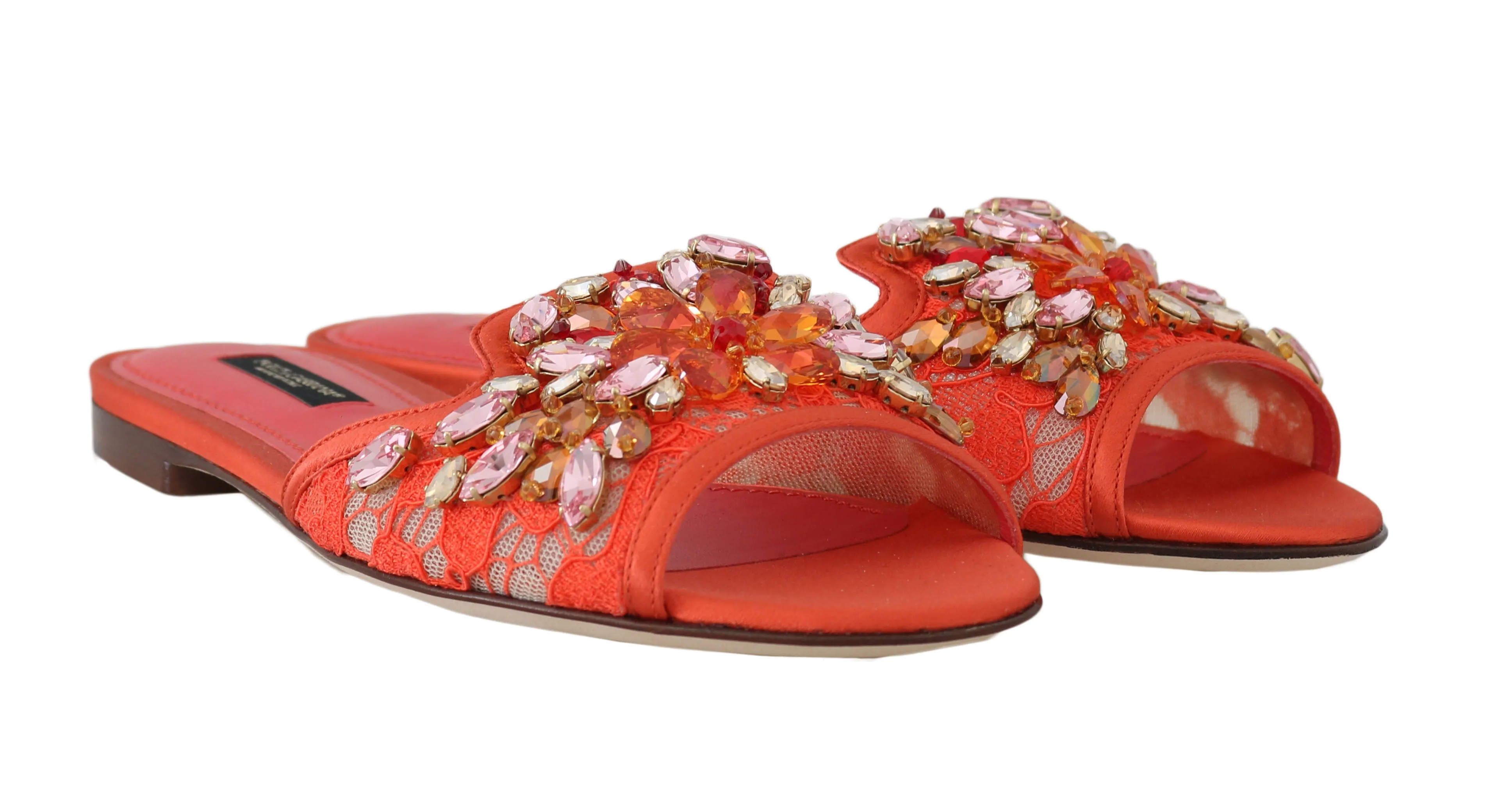 Orange Lace Crystal Flip Flops Flats