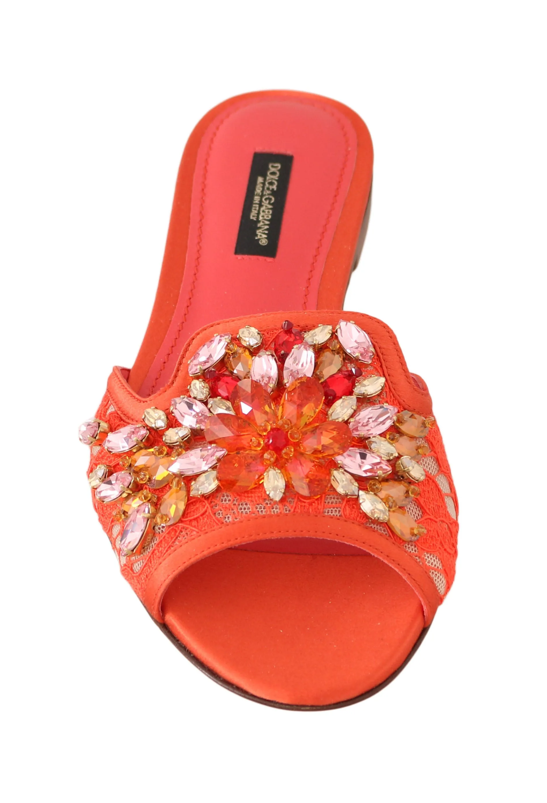 Orange Lace Crystal Flip Flops Flats