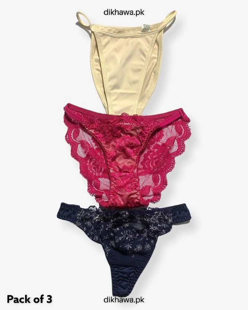 Pack of 3 Imported Stocklot Branded Net Panty Bikini Style Sexy Thong Panty
