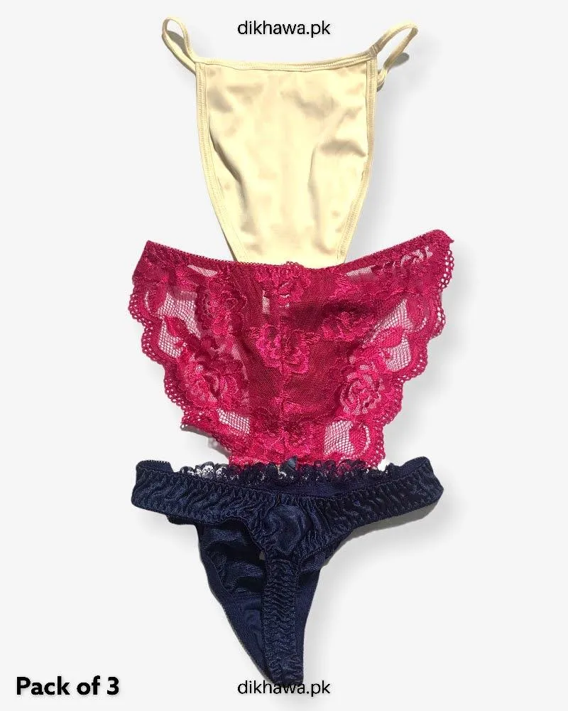 Pack of 3 Imported Stocklot Branded Net Panty Bikini Style Sexy Thong Panty