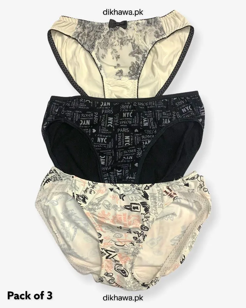Pack of 3 Imported Stocklot Branded Net Panty With Silk Mid Waist Hipster Panty With Lace Panty