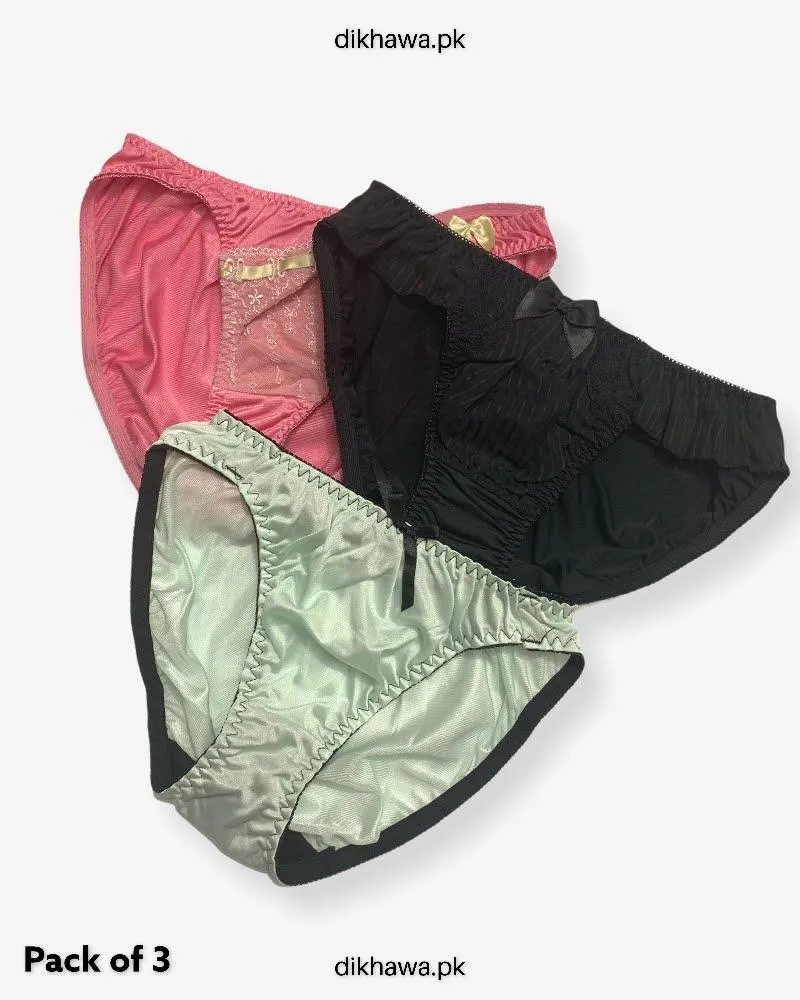 Pack of 3 Imported Stocklot Branded Net Panty With Silk Mid Waist Hipster Panty With Lace Panty
