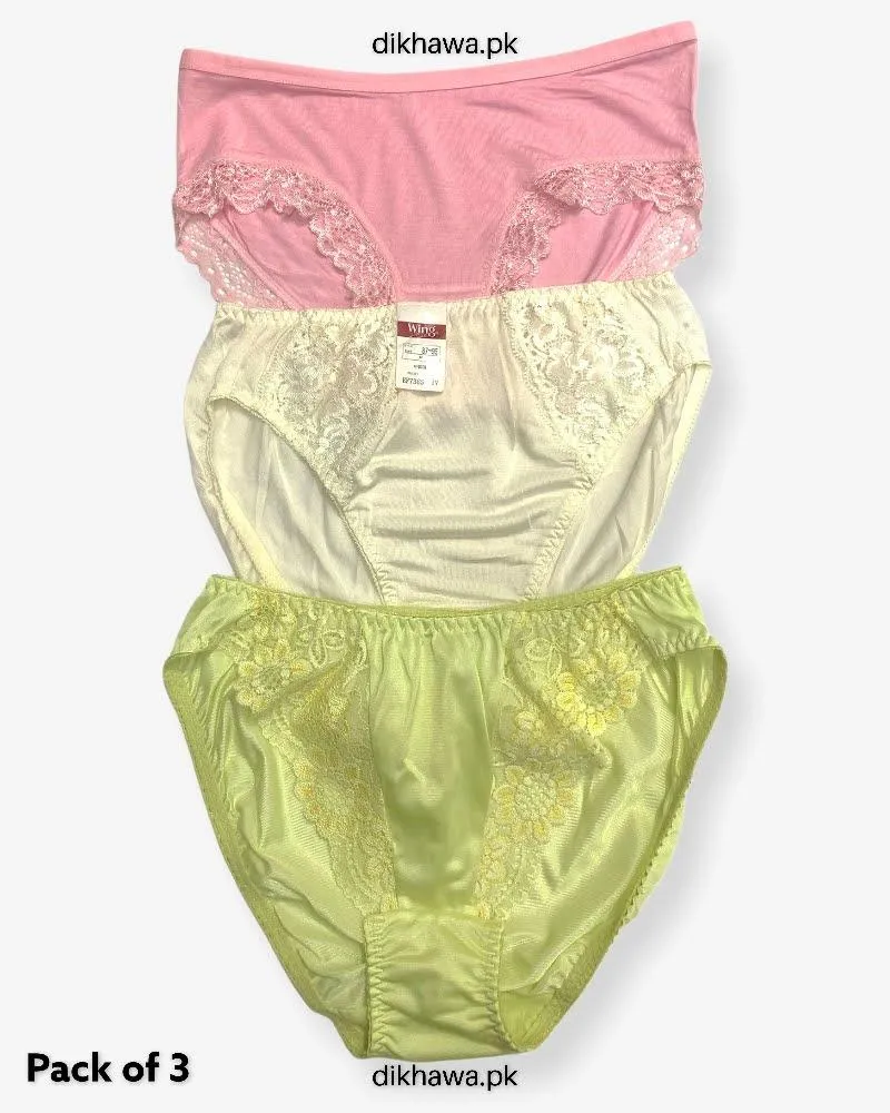 Pack of 3 Imported Stocklot Branded Net Panty With Silk Mid Waist Hipster Panty With Lace Panty