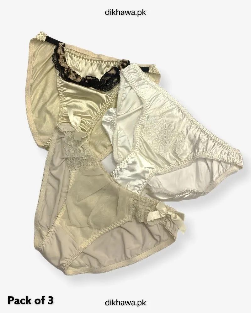 Pack of 3 Imported Stocklot Branded Net Panty With Silk Mid Waist Hipster Panty With Lace Panty