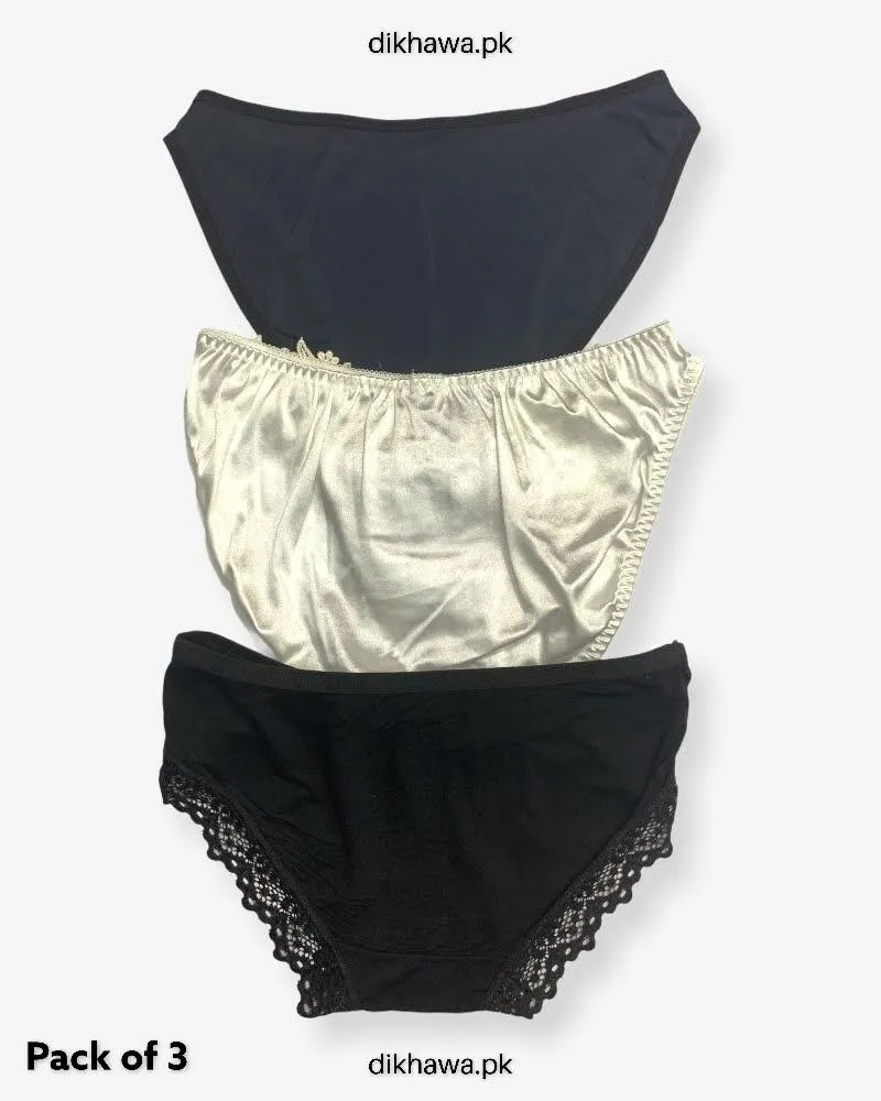 Pack of 3 Imported Stocklot Branded Net Panty With Silk Mid Waist Hipster Panty With Lace Panty