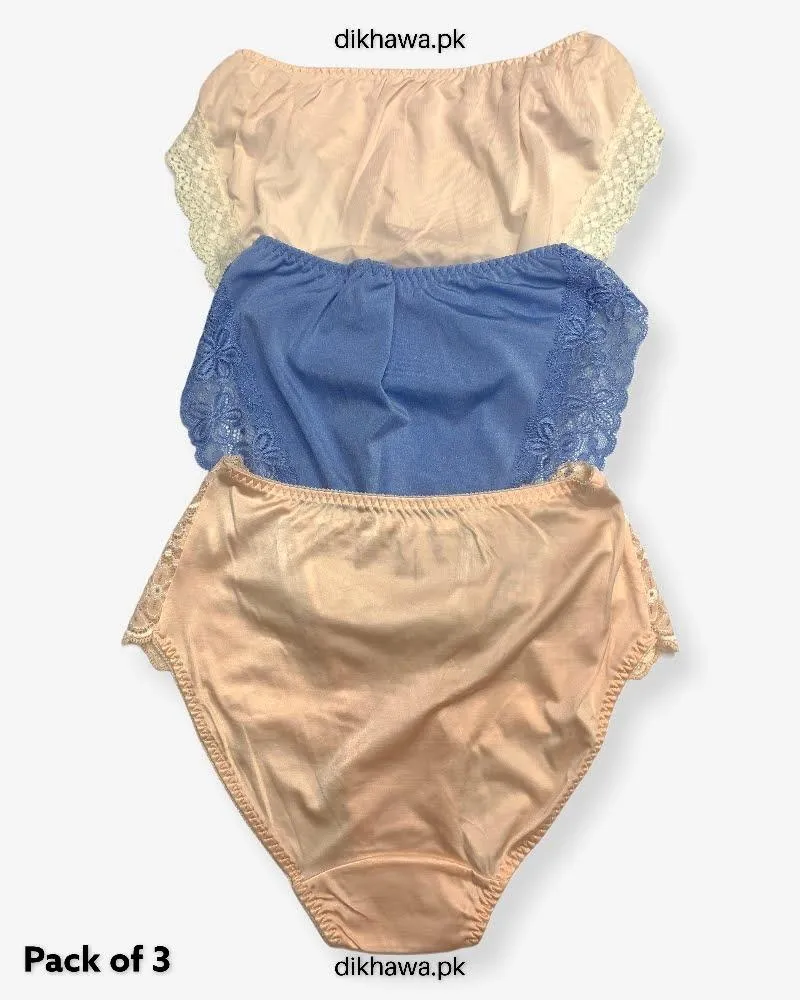 Pack of 3 Imported Stocklot Branded Net Panty With Silk Mid Waist Hipster Panty With Lace Panty