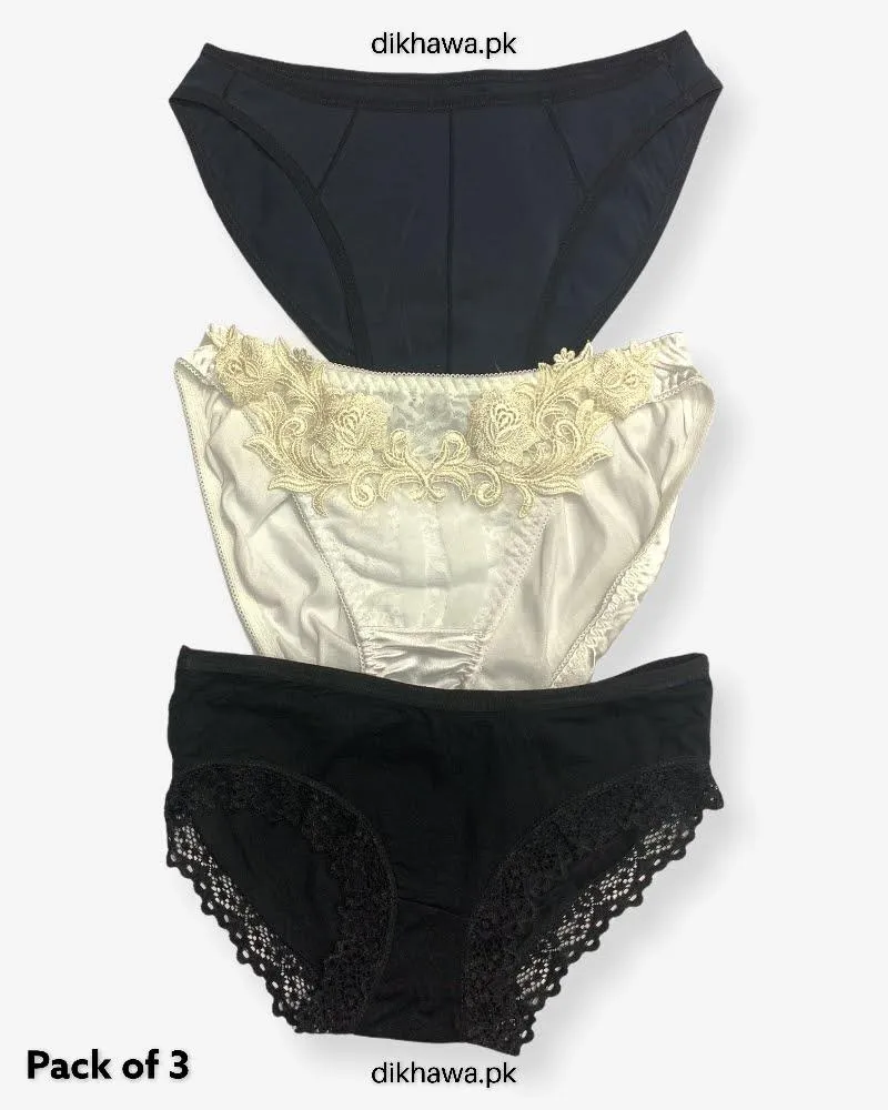 Pack of 3 Imported Stocklot Branded Net Panty With Silk Mid Waist Hipster Panty With Lace Panty