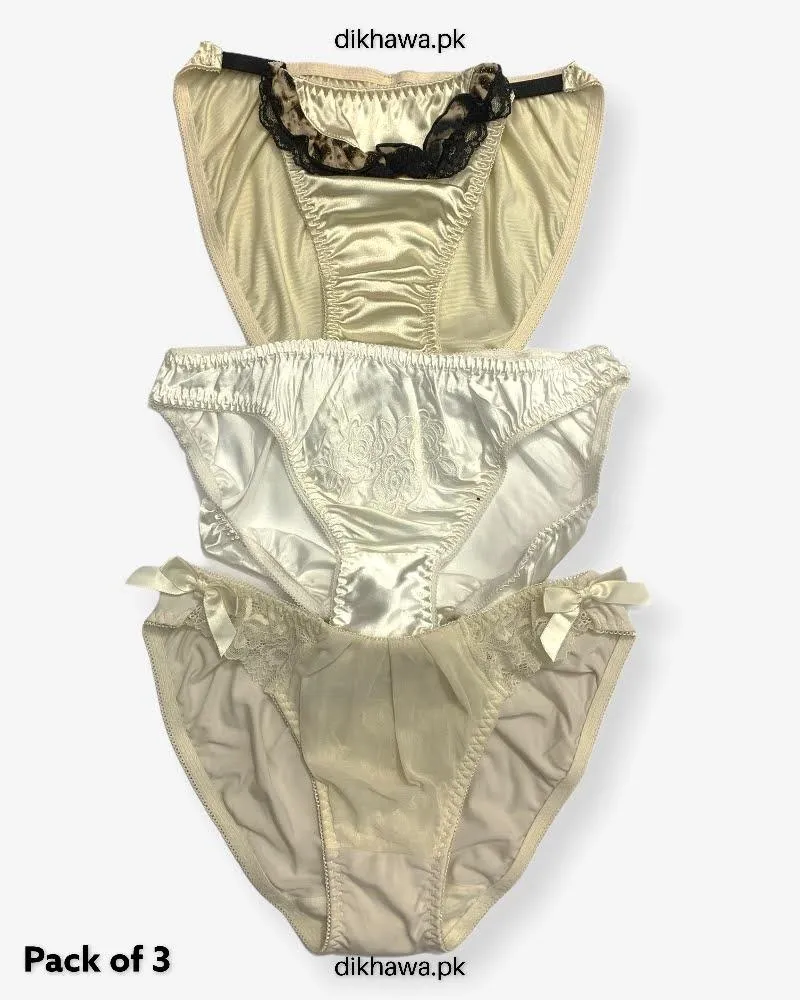 Pack of 3 Imported Stocklot Branded Net Panty With Silk Mid Waist Hipster Panty With Lace Panty