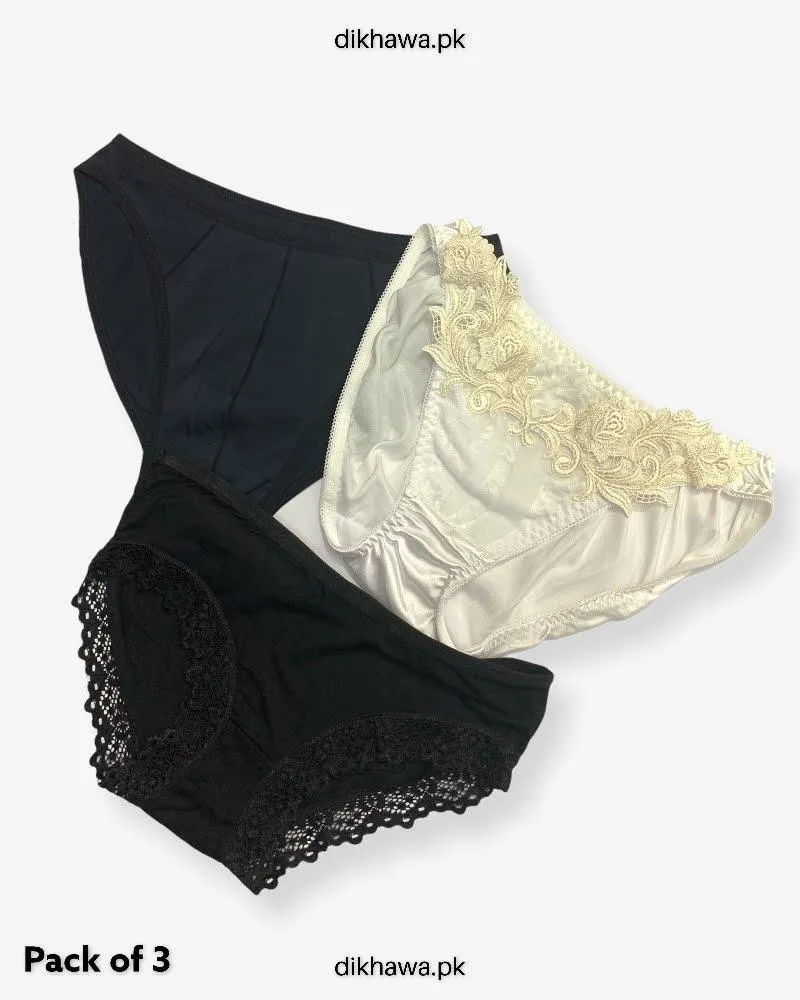 Pack of 3 Imported Stocklot Branded Net Panty With Silk Mid Waist Hipster Panty With Lace Panty