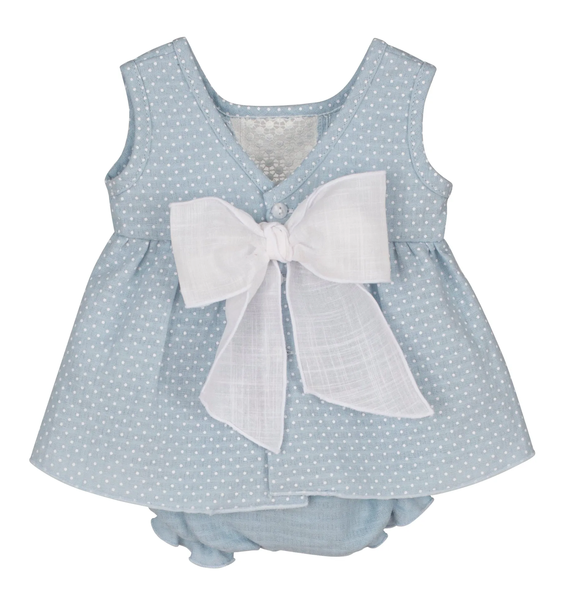 Pale Blue & White Dotty Crochet Top & Bloomers Set