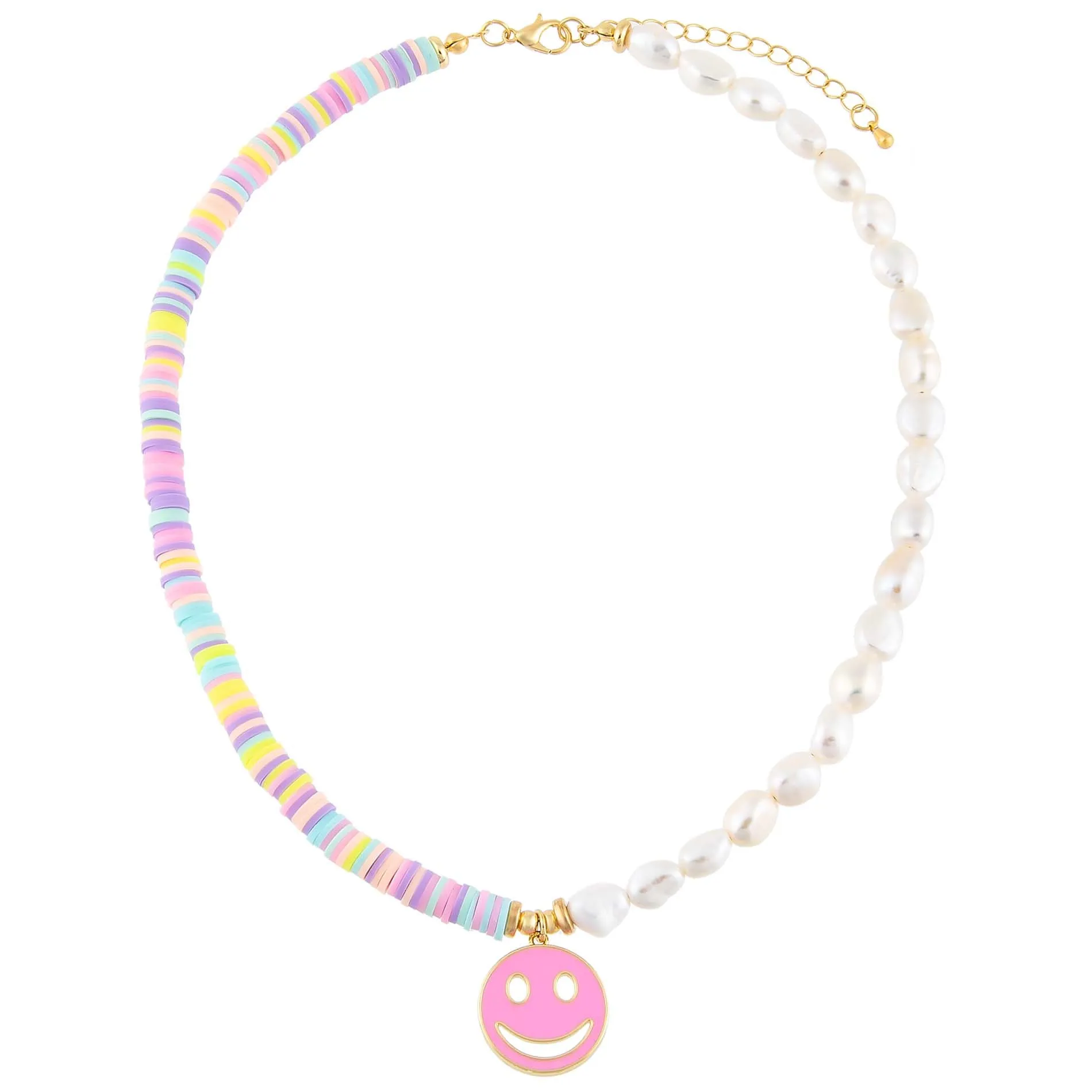 Pastel Bead X Pearl Smiley Face Necklace