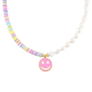 Pastel Bead X Pearl Smiley Face Necklace