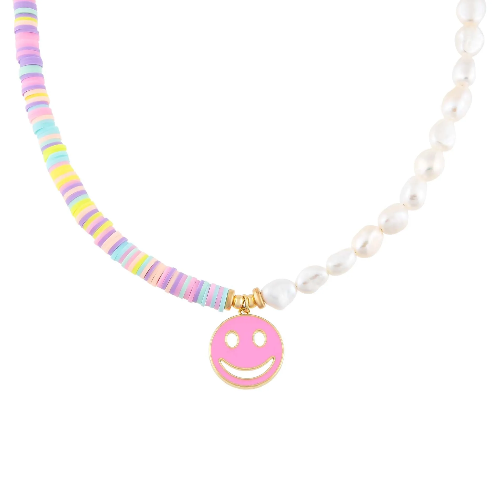 Pastel Bead X Pearl Smiley Face Necklace