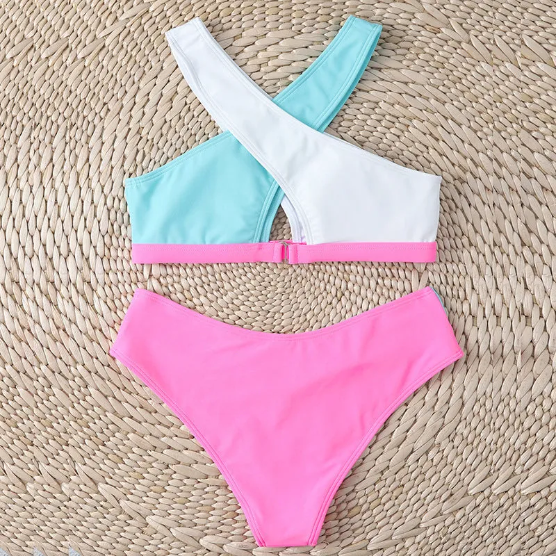 Patchwork Bikini Sexy Swimwear for Women Crisscross Strap