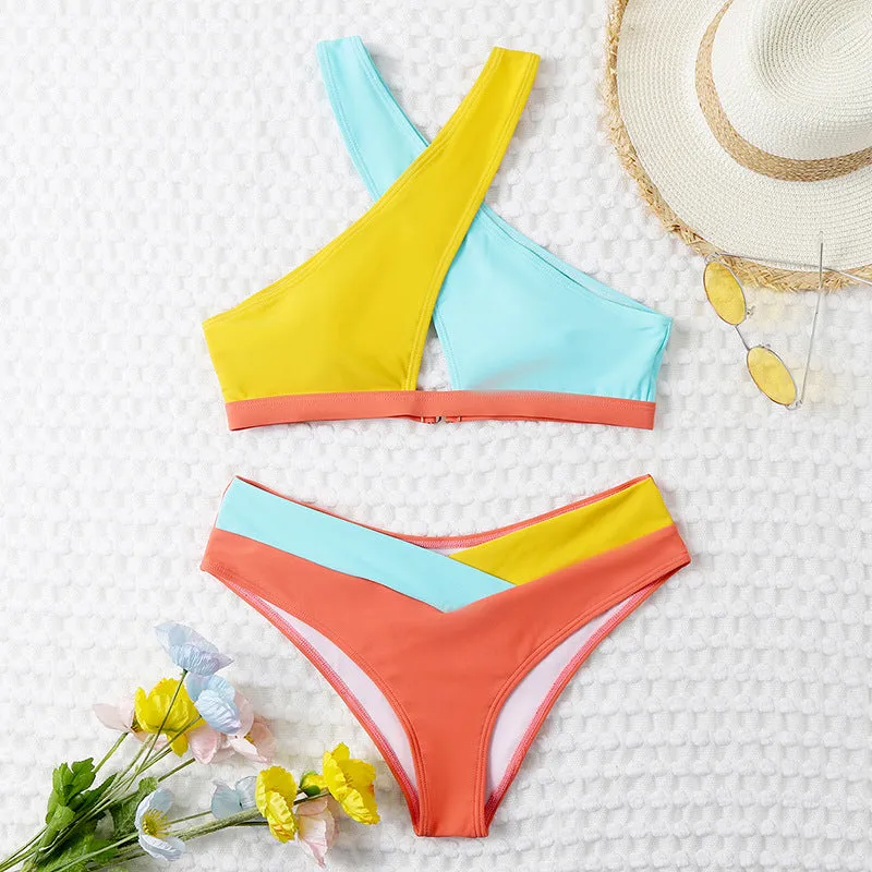 Patchwork Bikini Sexy Swimwear for Women Crisscross Strap
