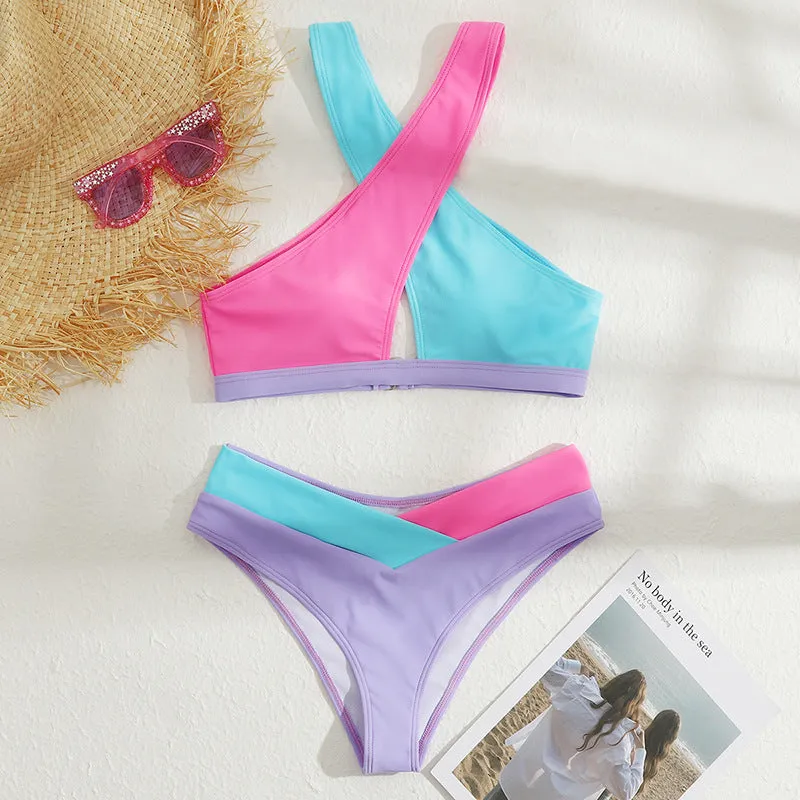Patchwork Bikini Sexy Swimwear for Women Crisscross Strap