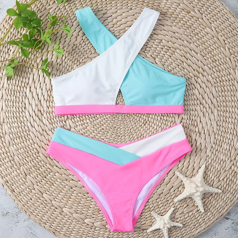 Patchwork Bikini Sexy Swimwear for Women Crisscross Strap