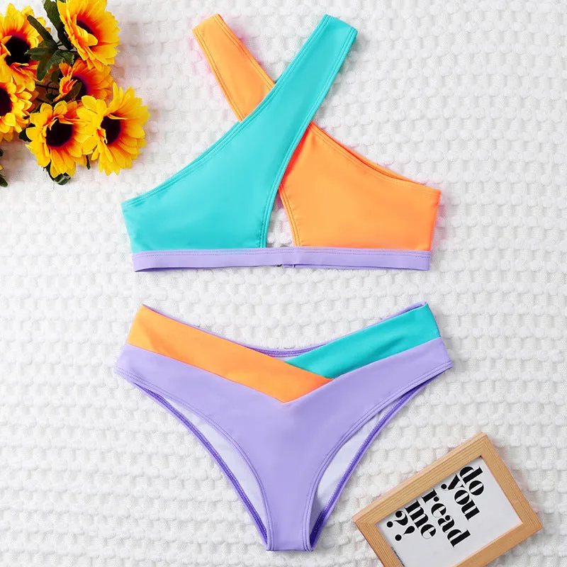 Patchwork Bikini Sexy Swimwear for Women Crisscross Strap