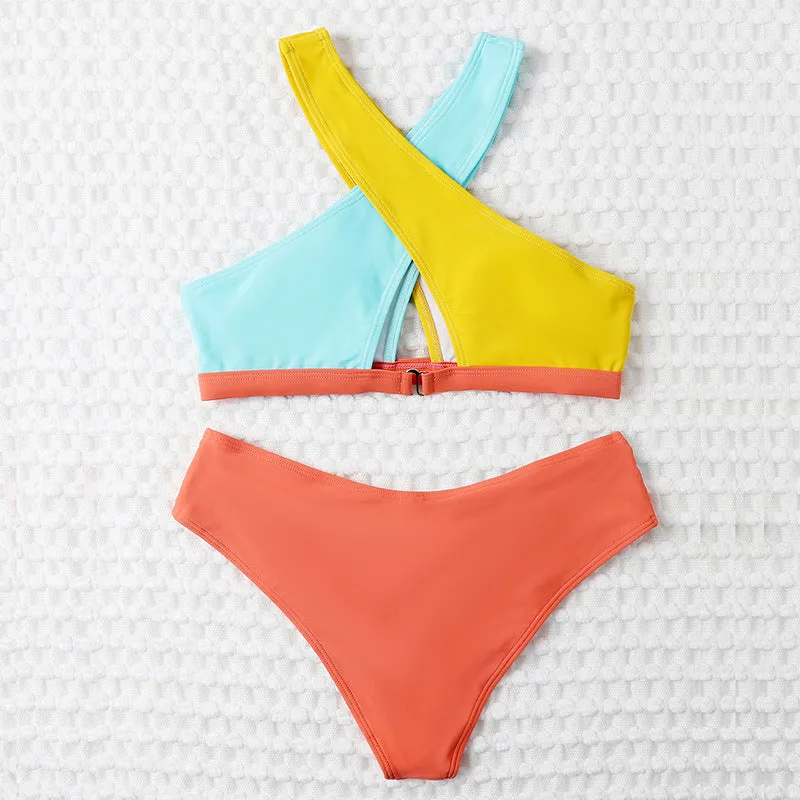 Patchwork Bikini Sexy Swimwear for Women Crisscross Strap