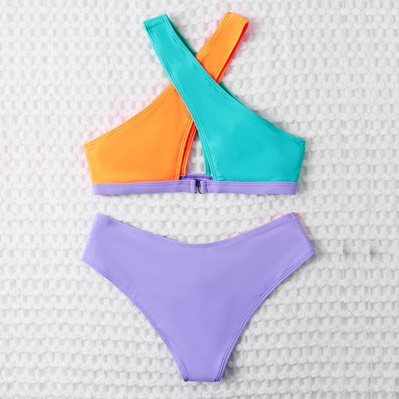 Patchwork Bikini Sexy Swimwear for Women Crisscross Strap