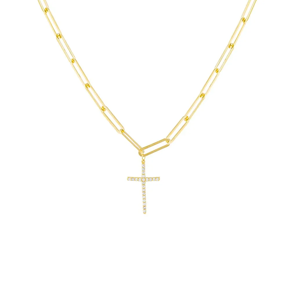 Pavé Cross Paperclip Necklace
